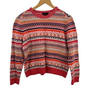 J.Crew Fair Isle Cropped Sweater Red Orange Pink Lambswool Blend Women Medium